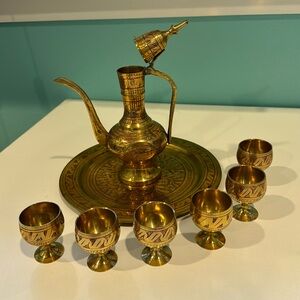 Metal drink set gold tone red and green floral design coffee set miniature